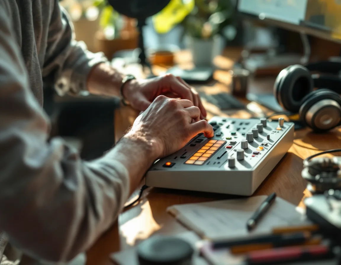 Hands on a small mixing console with headphones in warm light